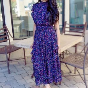 Evalina Navy Blue Floral Print Mock Neck Midi Dress